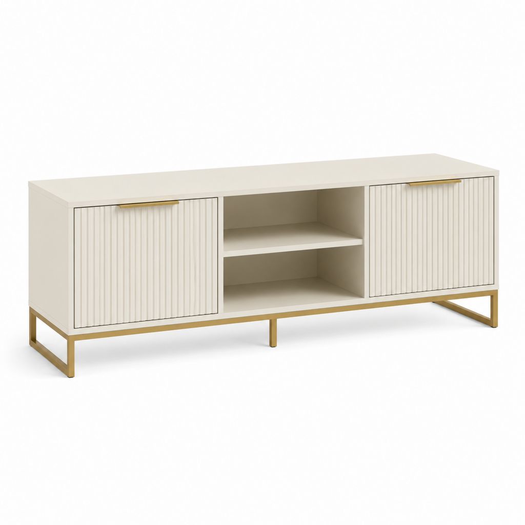 Meuble TV rectangulaire blanc en panneaux MDF 160 x 40 x 60 cm avec 2 portes et étagères
