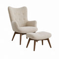 Fauteuil à oreilles avec repose-pieds beige en polyester bouclette et bois d'hévéa massif 75 x 85 x 105 cm
