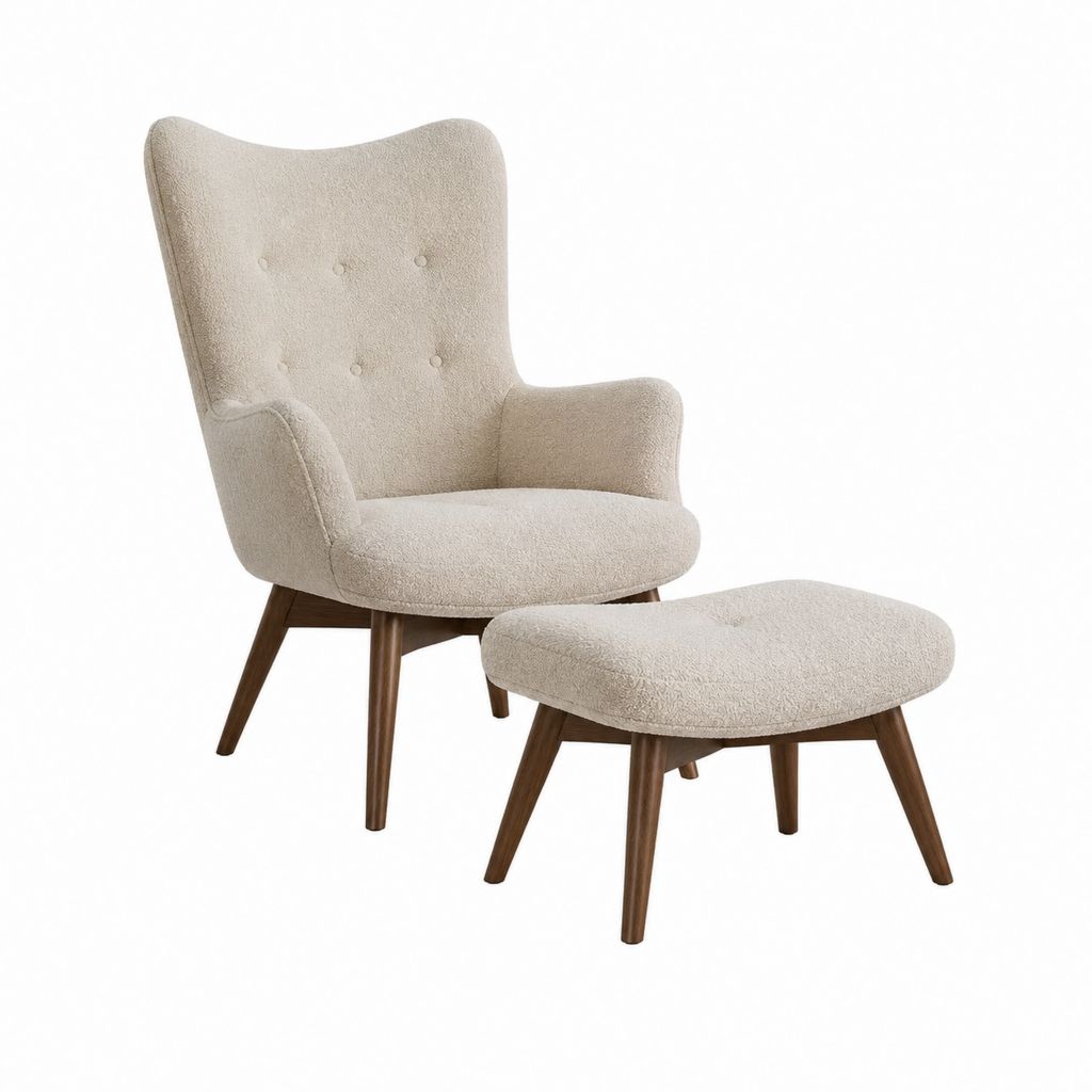 Fauteuil à oreilles avec repose-pieds beige en polyester bouclette et bois d'hévéa massif 75 x 85 x 105 cm