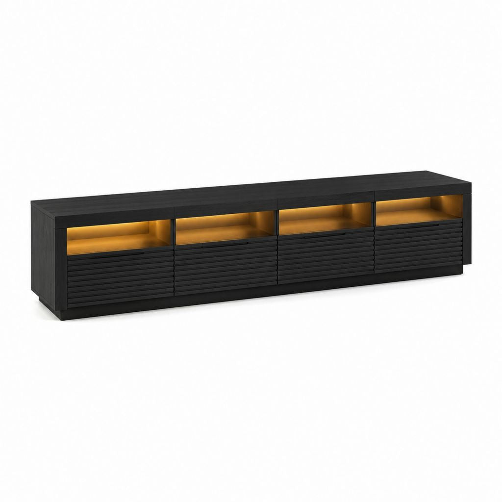 Meuble TV rectangulaire noir en panneaux MDF 240 x 40 x 55 cm avec 4 portes et éclairage LED