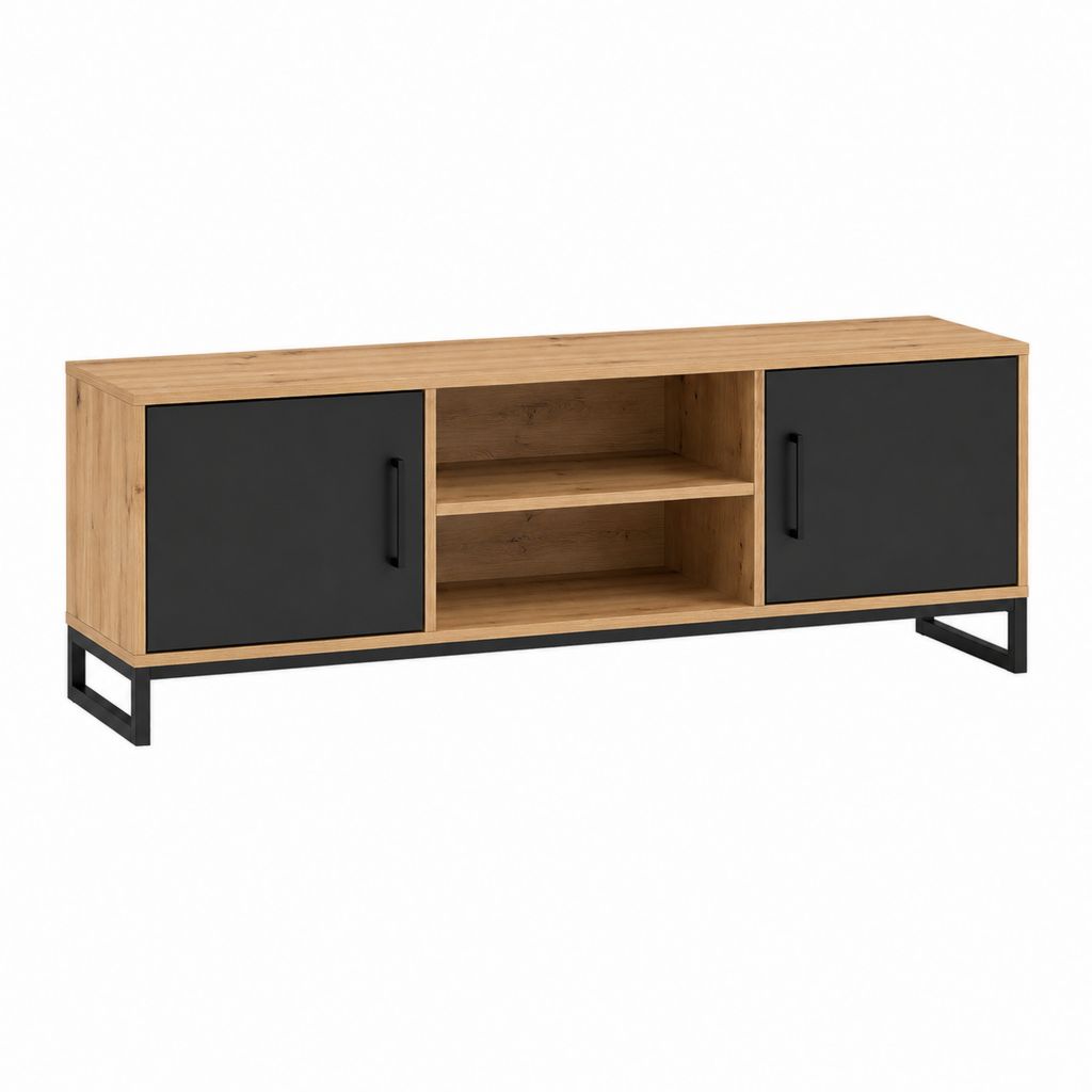 Meuble TV 160 cm chêne et noir en panneaux de particules avec 2 portes et niches