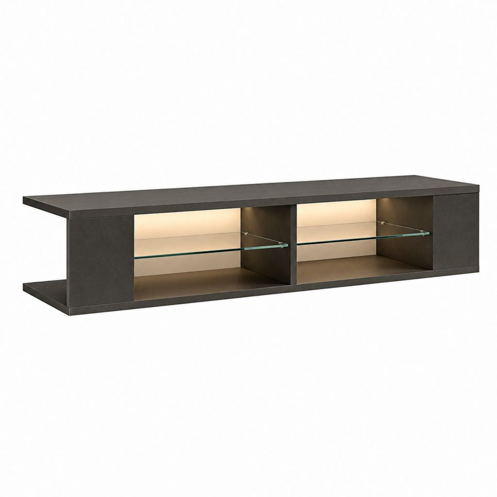 Meuble TV rectangulaire anthracite en MDF et verre trempé avec éclairage 180 x 40 x 45 cm