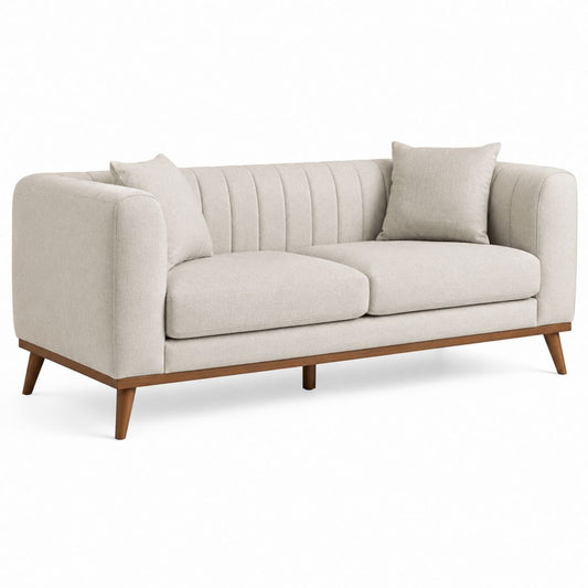 Canapé droit 2 places beige en polyester avec pieds en bois massif 180 x 85 x 82 cm