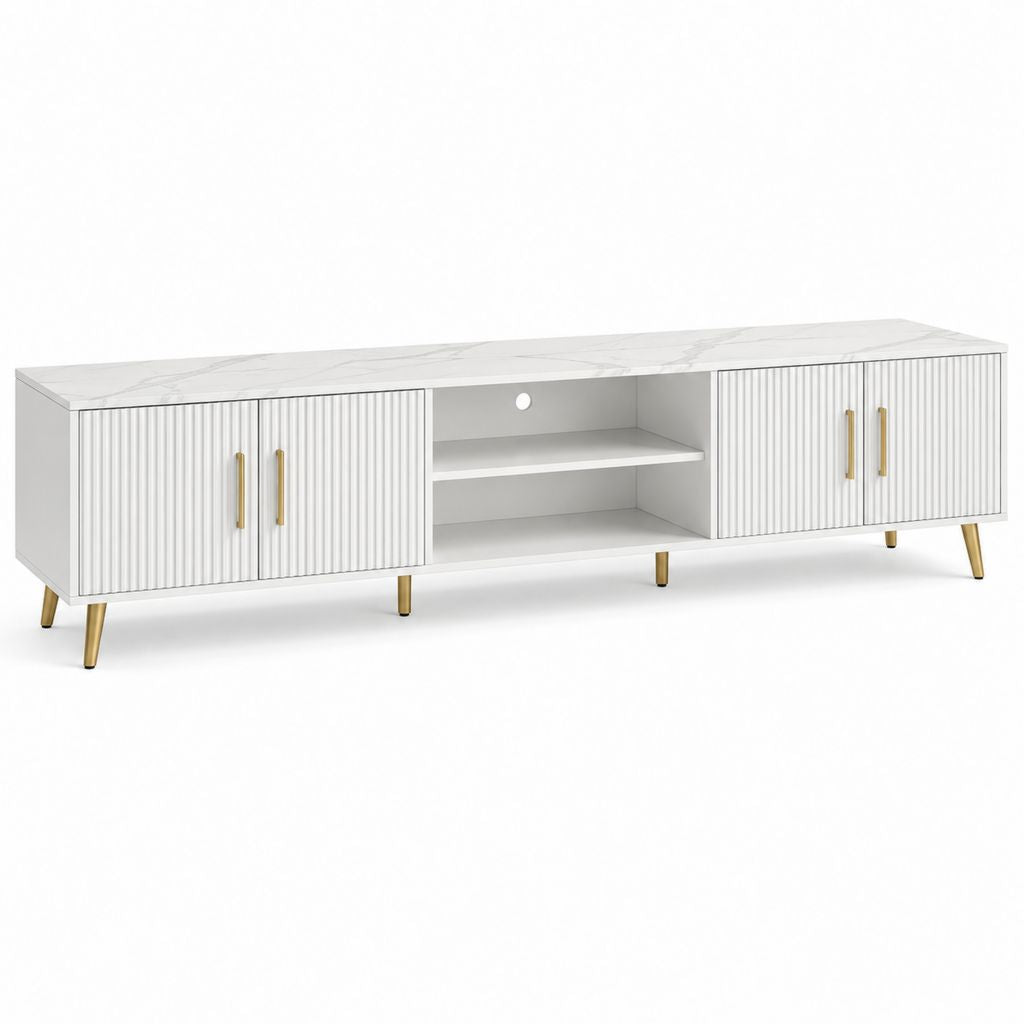 Meuble TV blanc et doré en MDF rectangulaire 180 x 40 x 55 cm avec 4 portes et rangement