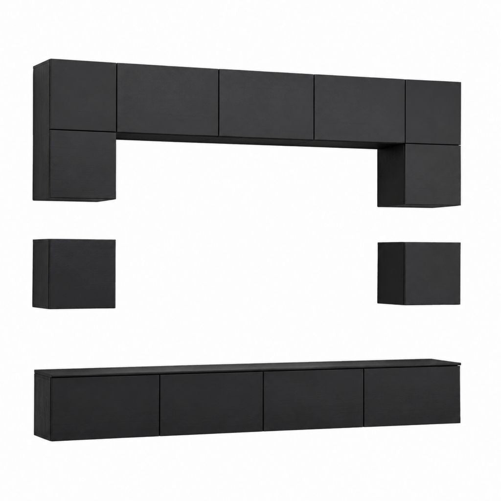 Ensemble meuble TV mural rectangulaire noir en panneaux de particules mélaminés 240 x 30 x 180 cm