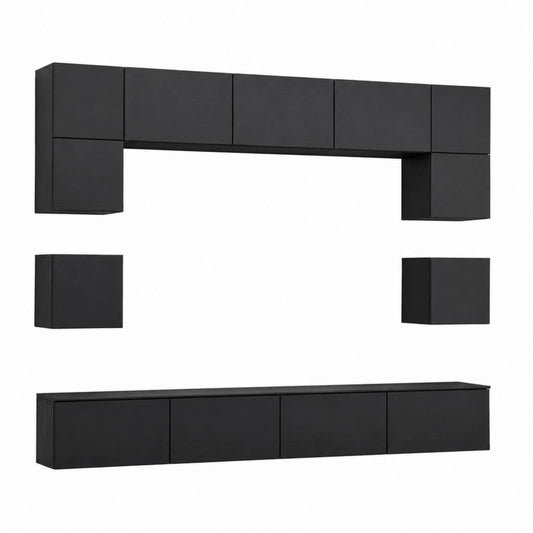 Ensemble meuble TV mural rectangulaire noir en panneaux de particules mélaminés 240 x 30 x 180 cm