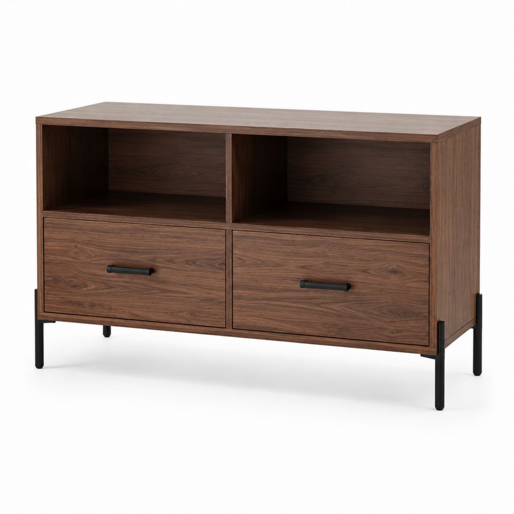 Meuble TV rectangulaire noyer en panneaux MDF plaqués avec 2 tiroirs 120 x 40 x 75 cm
