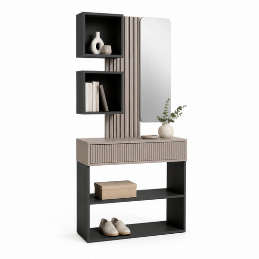 Étagère sur pied avec miroir noir et taupe en panneaux MDF 180 x 80 x 35 cm