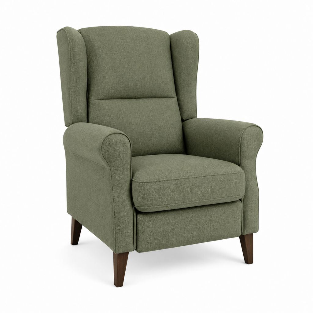 Fauteuil à oreilles vert olive en polyester avec pieds en bois massif 78 x 85 x 105 cm