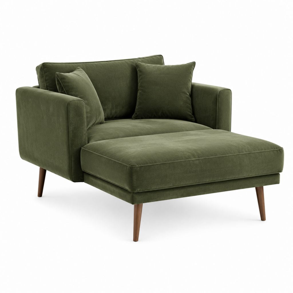 Fauteuil méridienne 1 place vert olive en velours polyester avec pieds en bois massif 115 x 90 x 85 cm