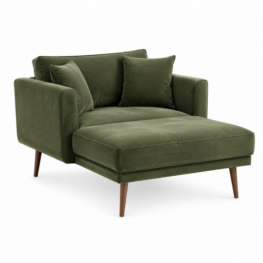 Fauteuil méridienne 1 place vert olive en velours polyester avec pieds en bois massif 115 x 90 x 85 cm