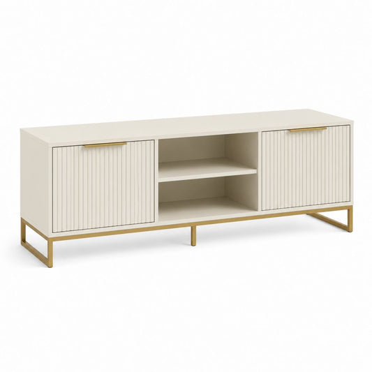 Meuble TV rectangulaire blanc en panneaux MDF 160 x 40 x 60 cm avec 2 portes et étagères