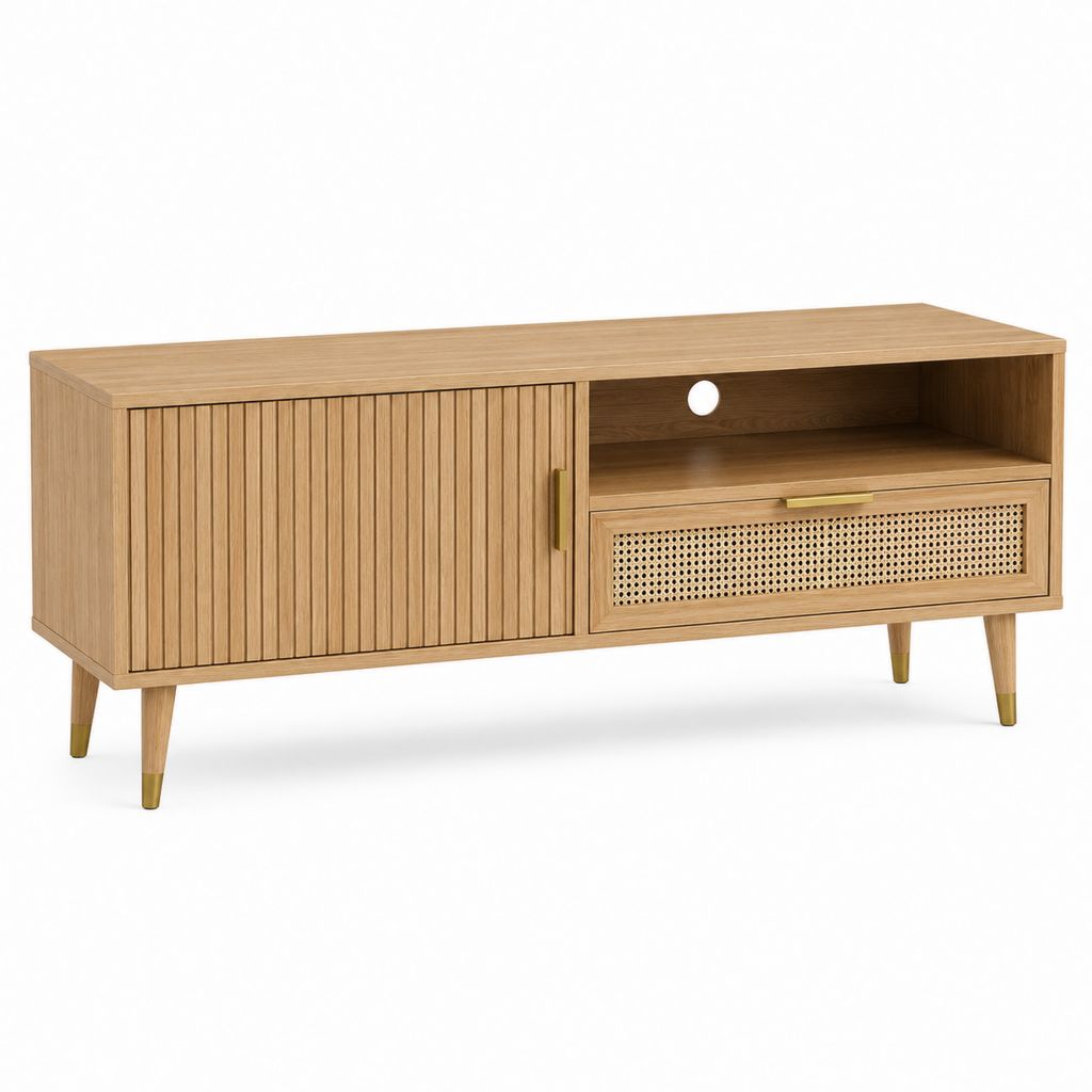 Meuble TV 140 cm naturel en MDF plaqué chêne avec cannage en rotin et pieds en hévéa