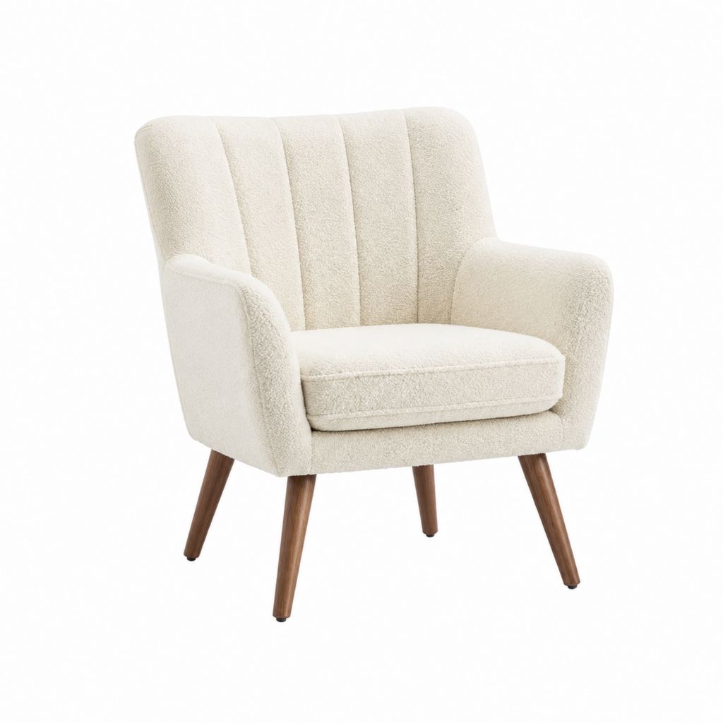 Fauteuil de salon crème en tissu bouclette polyester avec pieds en bois massif 72 x 78 x 78 cm