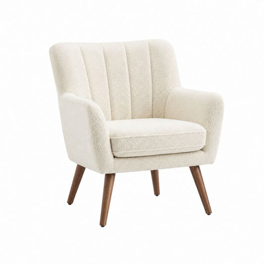 Fauteuil de salon crème en tissu bouclette polyester avec pieds en bois massif 72 x 78 x 78 cm